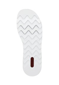 Semelle de chaussure en caoutchouc blanc avec un motif de bande de roulement en zigzag et un petit détail de marque en rouge. Texture lisse avec des bords définis et une zone de talon ronde.
