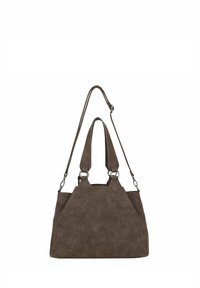 Bolso de mano sintético marrón con acabado texturizado, doble asa superior, correa de hombro ajustable y paneles laterales triangulares.
