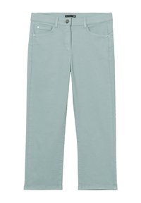 Pantaloni cropped azzurro chiaro realizzati in cotone, con chiusura a pulsante, cinque tasche e dettagli di cucitura sottili.
