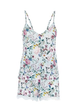 Set di pigiama con stampa floreale su uno sfondo azzurro chiaro. Include un top senza maniche a V e pantaloncini, rifiniti con pizzo bianco all'orlo.