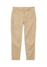 Beige cargo pants made of sturdy fabric, featuring two side pockets with zippers, stitched detailing, and a straight-leg cut.
