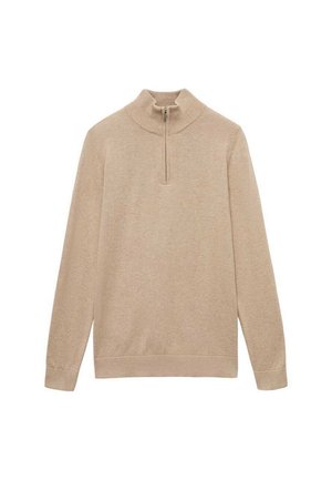 Maglione beige con maniche lunghe, colletto alto e una corta cerniera. Realizzato in materiale morbido, presenta polsini e orlo a coste.