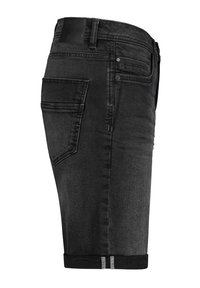 Black denim shorts with a straight cut, featuring a rolled hem, distinct back pocket, and a leather patch on the waistband.