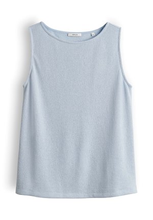 Ärmelloses hellblaues Stricktop mit rundem Halsausschnitt und leicht strukturierter Stoff, Marke Opus, Größe 36.