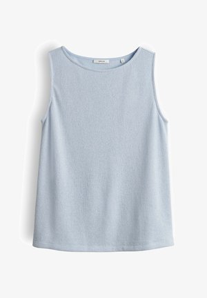Ärmelloses hellblaues Stricktop mit rundem Halsausschnitt und leicht strukturierter Stoff, Marke Opus, Größe 36.