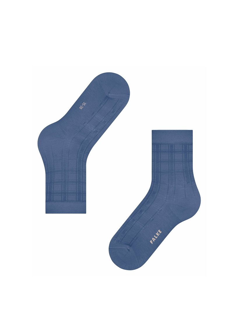 Blaue Baumwollsocken mit einem dezenten Karomuster, in knöchellanger Form und glatter Textur. Markenname "FALKE" in heller Farbe gedruckt.