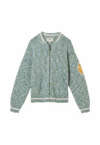 Zielono-niebieski sweter na suwak z dzianiny, z prążkowanymi mankietami i dołem oraz żółtą okrągłą naszywką na lewym łokciu.