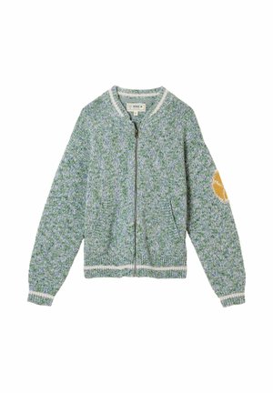 Green and blue knitted cardigan with a zipper, ribbed cuffs and hem, featuring a yellow circular patch on the left elbow.