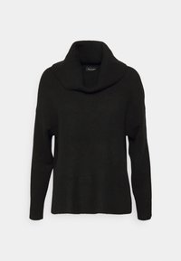 Svart stickad tröja med krage, långa ärmar och ribbad nederkant. Mjukt material med en avslappnad passform och inga synliga mönster eller detaljer.