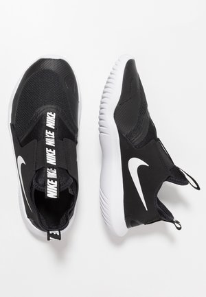 Black athletic shoes with mesh upper, elastic bands, and prominent white Nike logo. Features a white sole with textured grip.