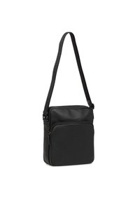 Borsa a tracolla in vera pelle nera, con scomparto principale, tasca anteriore con zip, tracolla regolabile e texture liscia. Design minimalista.
