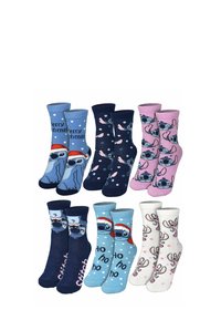 Set bestehend aus sechs Socken mit verschiedenen Designs, darunter Blau, Pink und Weiß, Punkten und Cartoonfiguren, aus Stoff gefertigt.