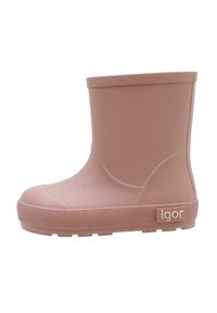 Stivale da pioggia in gomma rosa con punta arrotondata, suola testurizzata e tacco leggero. Presenta una finitura liscia e un logo del marchio impresso sul lato.