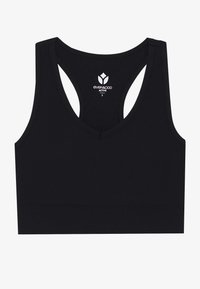 Black activewear bra with a V-neck and racerback design. Made of ribbed texture fabric; features a logo tag inside with size label.
