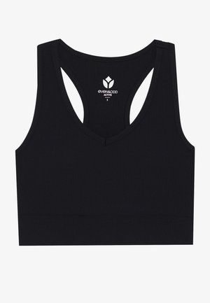 Svart treningstop med V-hals og racerback-design. Laget av ribbet stoff; har et logomerke innvendig med størrelsesmerke.
