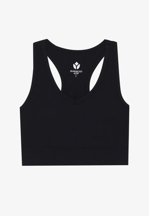Sutiã de desporto preto com decote em V e design de costas nadador. Feito de tecido de textura canelada; apresenta uma etiqueta com o logótipo no interior com o tamanho.