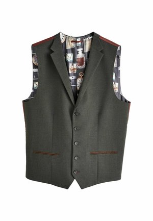 Grau gestrickte Weste mit fünf schwarzen Knöpfen, zwei Fronttaschen mit braunen Akzenten und einem gemusterten Innenfutter, das Uhren und Vintage-Artikel zeigt.