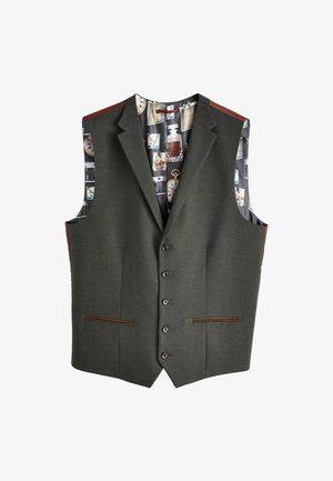 Gilet gris avec cinq boutons noirs, deux poches avant avec des accents marron et un intérieur à motifs featuring des horloges et des objets vintage.