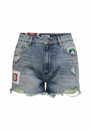 Gaiši zilas džinsu šorti ar sakostu apakšmalu, priekšējām kabatām un izšūtiem ziedu rakstiem sānos. Nolietotās detaļas uzlabo tekstūru.