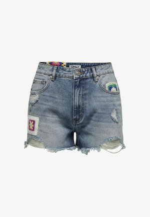 Gaiši zilas džinsu šorti ar sakostu apakšmalu, priekšējām kabatām un izšūtiem ziedu rakstiem sānos. Nolietotās detaļas uzlabo tekstūru.