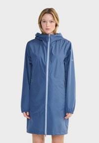 Blue waterproof jacket with a hood, full front zipper, two side pockets, and elastic cuffs. Smooth texture, knee-length design.