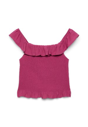 Top corto rosa senza maniche con scollatura volante a spalle scoperte e tessuto arricciato.