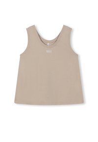 Top senza maniche beige realizzato in tessuto morbido, con scollatura rotonda e vestibilità dritta, dotato di un piccolo logo di marca sul fronte.
