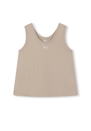 Mouwloze beige tanktop van zacht materiaal, met een ronde halslijn en een rechte pasvorm, voorzien van een klein merklogo op de voorkant.