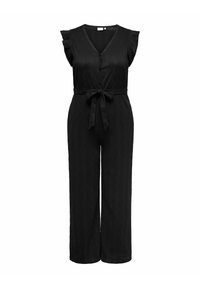 Crni kombinezon s V-izrezom, prednjim kopčanjem na gumbe, kratkim volanastim rukavima i remenom za vezanje u struku. Ima teksturiranu tkaninu i široke nogavice.