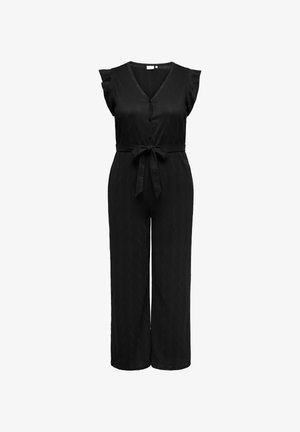 Sort jumpsuit med V-udskæring, knaplukning foran, korte flæseærmer og bælte med sløjfe i taljen. Har et struktureret stof og bred ben-design.