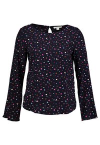 Blusa a maniche lunghe blu navy con scollo rotondo, caratterizzata da un'apertura sul retro e un motivo a cuori multicolore su tutta la superficie. Tessuto morbido.