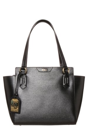 Black leather tote bag with two shoulder straps, gold-tone hardware, and a hanging Ralph Lauren RL tag.