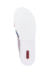 Shoe sole featuring a white striped pattern, rubber material, and a logo in red. The sole is slightly curved with a smooth finish.