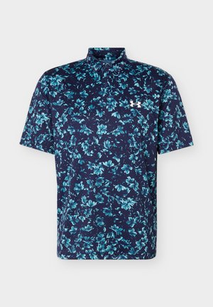 Granatowa koszulka polo z krótkim rękawem w turkusowy wzór kwiatowy oraz małe białe logo Under Armour na piersi.