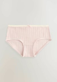 Mutande hipster in cotone rosa chiaro con texture a righe, bordo in pizzo beige e un piccolo fiocco rosa al centro frontale.