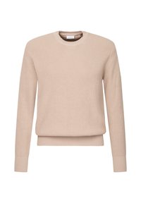 Beige Strickpullover mit geripptem Muster, Rundhalsausschnitt und langen Ärmeln. Verfügt über einen geraden Saum und dezente Nähte an den Seiten.