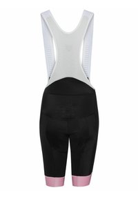 Pantaloni da ciclismo neri con bretelle bianche in rete. Presentano un retro imbottito, polsini rosa e una finitura in tessuto testurizzato per un miglior comfort.