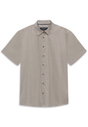 Kurzärmeliges Hemd mit Knöpfen, kleinem geometrischem Muster in neutralen Tönen und spitzem Kragen, flach ausgelegt.