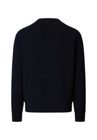 Pull noir en maille côtelée à col rond avec manches longues, vu de dos sur un fond blanc.