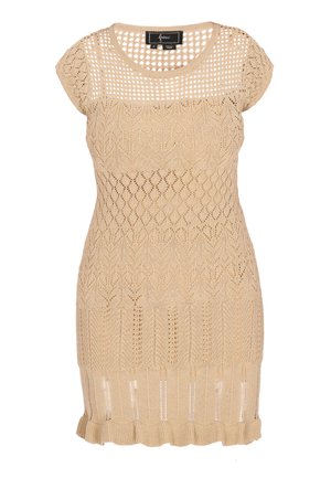 Béžové pletené šaty s krátkým rukávem, s otevřenou upletenou vsadkou, složitými krajkovými vzory, žebrovaným lemem a kulatým výstřihem.