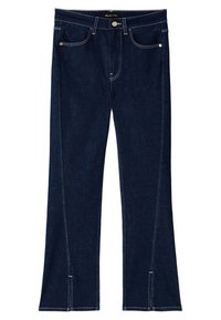 Jean en denim bleu foncé avec poches avant, fermeture par bouton et légère évasée en bas avec de petites fentes sur chaque jambe.