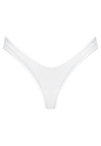 Un string blanc en tissu lisse et extensible, offrant une couverture minimale, avec un design sans coutures et des bretelles élastiques fines.