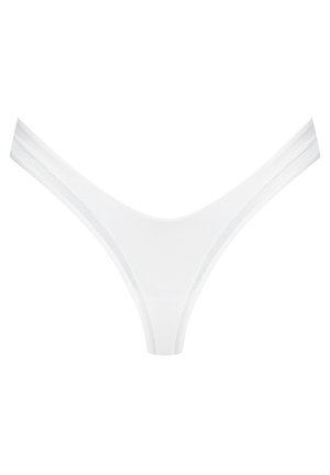 White thong underwear featuring smooth, stretchy fabric, minimal coverage, and a seamless design with thin elastic straps.