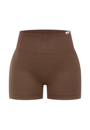 Braune, hochgeschnittene Shorts aus einem glatten, dehnbaren Material. Mit einem breiten gerippten Bund und einer taillierten Form, die ein sauberes Design aufweist.
