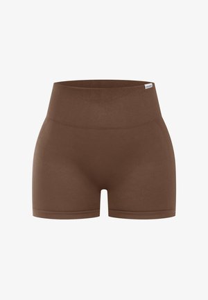 Brune højtaljede shorts lavet af et glat, strækbart materiale. Har en bred ribbet talje og en tætsiddende form med et rent design.