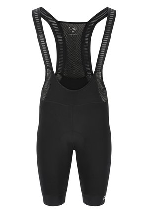 Schwarze Radsport-Bib-Shorts mit Mesh-Rücken, gepolstertem Sitz und elastischen, formschlüssigen Beinen. Merkmale ein minimalistisches Design und atmungsaktives Material.