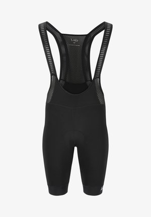 Schwarze Radsport-Bib-Shorts mit Mesh-Rücken, gepolstertem Sitz und elastischen, formschlüssigen Beinen. Merkmale ein minimalistisches Design und atmungsaktives Material.