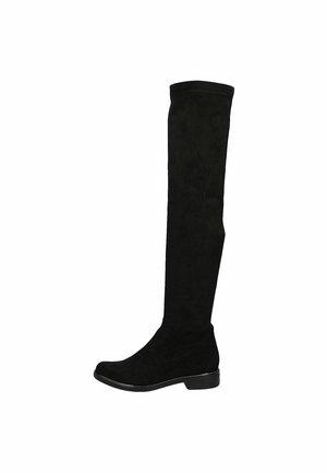 Bottes noires en daim, hautes jusqu'au genou, avec un bout arrondi et un petit talon carré. Texture lisse et design sans couture, sans éléments ou accents visibles.