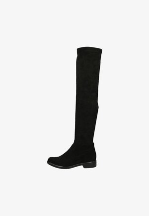 Schwarze Wildlederstiefel über dem Knie mit einer abgerundeten Zehe und niedrigem Blockabsatz. Glatte Textur und nahtloses Design, ohne sichtbare Beschläge oder Akzente.