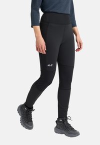 Leggings neri aderenti con vita alta, dotati di un logo sulla gamba inferiore e pannelli laterali texturizzati per un tocco di stile in più.